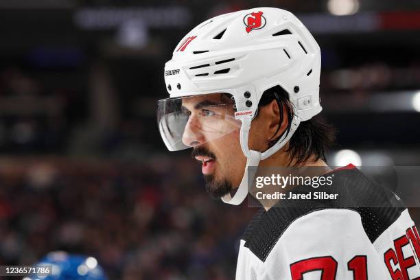 Jonas Siegenthaler of the New Jersey Devils looks on against the New York Rangers at Madison Square Garden on November 14, 2021 in New York City.