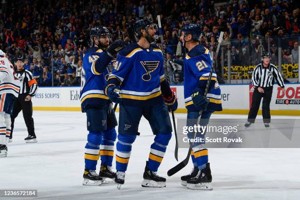 Robert Bortuzzo of the St. Louis Blues is congratulated after scoring a goal against the Edmonton Oilers at the Enterprise Center on November 14,...