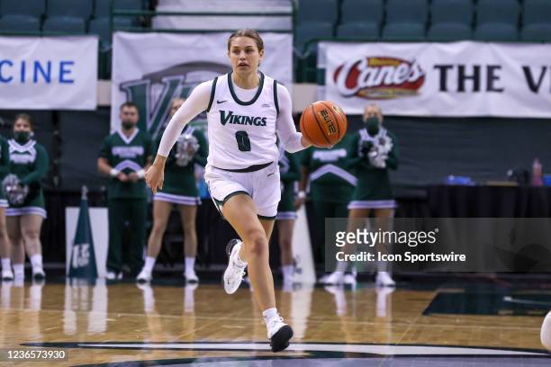 Cleveland State Vikings guard Isabella Geraci with the basketball during the fourth quarter of the women's college basketball game between the Quincy...