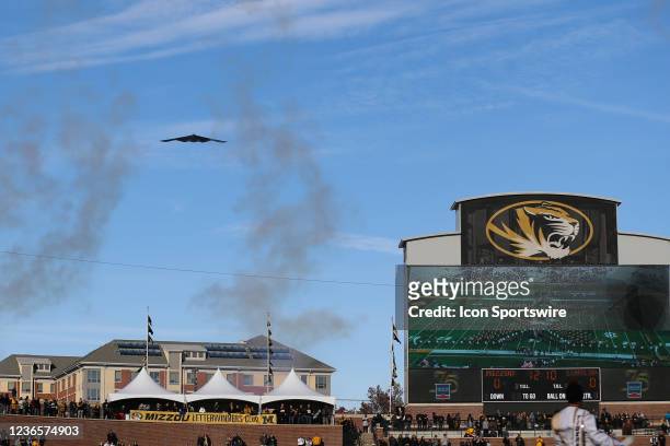 Stealth bomber flies over Memorial Stadium before an SEC football game between the South Carolina Gamecocks and Missouri Tigers on Nov 13, 2021 in...