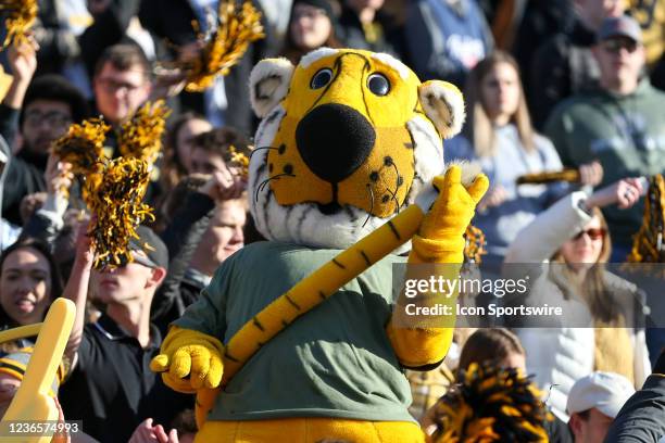 Missouri Tigers mascot Truman uses his tail to play air guitar in the stands during an SEC football game between the South Carolina Gamecocks and...