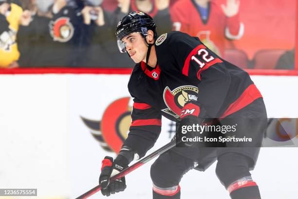 Ottawa Senators Center Shane Pinto during warm-up before National Hockey League action between the Pittsburgh Penguins and Ottawa Senators on...