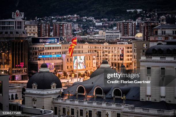 The cityscape of Skopje is pictured during blue hour on October 16, 2021 in Skopje, North Macedonia.
