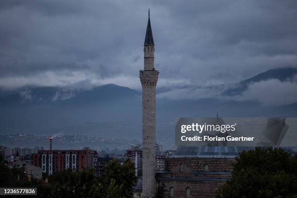 The cityscape of Skopje is pictured during blue hour on October 16, 2021 in Skopje, North Macedonia.