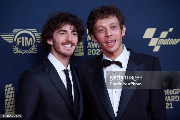 Valentino Rossi and Francesco Bagnaia of Italy and Ducati Lenovo Team Ducati on the red carpet before during the FIM MotoGP Awards Ceremony at Fira...