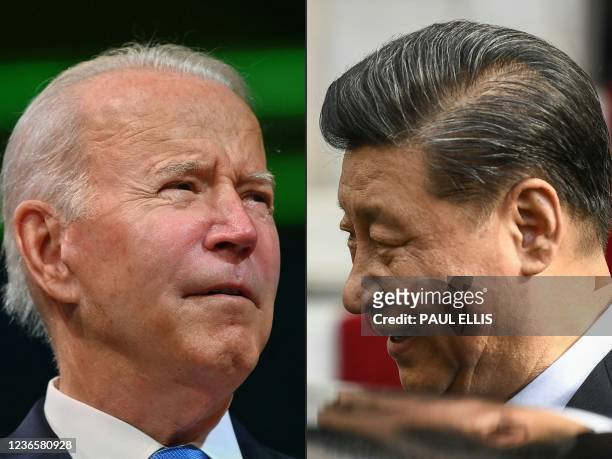 This combination of pictures created on November 15, 2021 shows US President Joe Biden during the COP26 UN Climate Change Conference in Glasgow,...