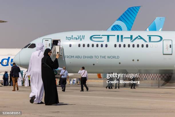 Boeing 787-10 Dreamliner aircraft, operated by Etihad Airways, on static display at the 17th Dubai Air Show in Dubai, United Arab Emirates, on...