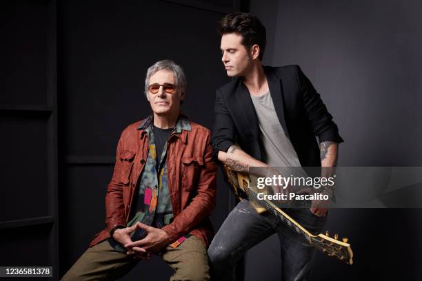 Actor Gérard Lanvin and Manu Lanvin pose for a portrait on July 7, 2021 in Paris, France.