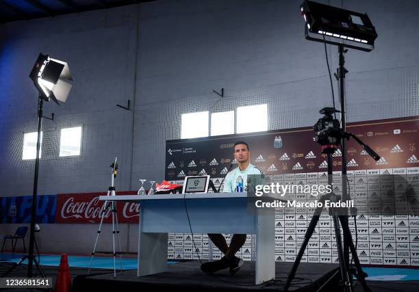 Argentina's coach Lionel Scaloni participates in a press conference on November 15, 2021 in Ezeiza, Argentina.