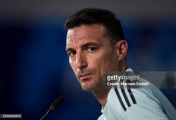 Argentina's coach Lionel Scaloni participates in a press conference on November 15, 2021 in Ezeiza, Argentina.