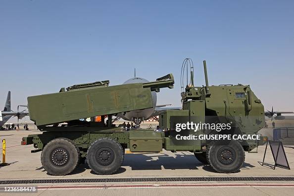 Dubai Rockets HIMARS rocket launcher is parked on the tarmac at the 2021 Dubai ...