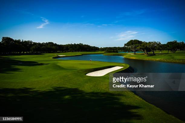 Course scenic view of the 18th hole green on the Plantation Course at Sea Island Resort, host venue of the RSM Classic, on May 24 in St. Simons...