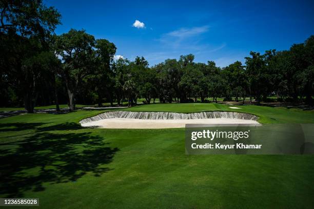 Course scenic view of the second hole greenside bunker on the Plantation Course at Sea Island Resort, host venue of the RSM Classic, on May 24 in St....