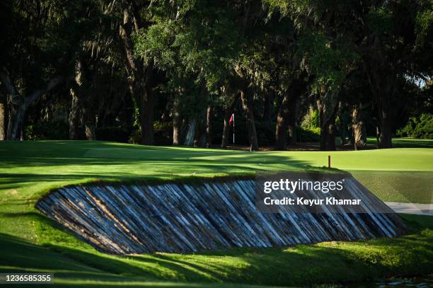 Detailed view of the bunkering on the 17th hole green on the Plantation Course at Sea Island Resort, host venue of the RSM Classic, on May 24 in St....