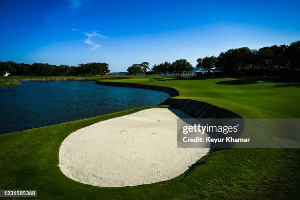 Course scenic view of a bunker on the 18th hole fairway on the Plantation Course at Sea Island Resort, host venue of the RSM Classic, on May 24 in...