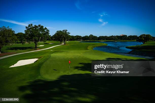 Course scenic view of the 17th hole green on the Plantation Course at Sea Island Resort, host venue of the RSM Classic, on May 24 in St. Simons...