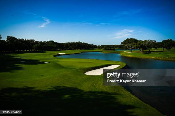 Course scenic view of the 18th hole green on the Plantation Course at Sea Island Resort, host venue of the RSM Classic, on May 24 in St. Simons...