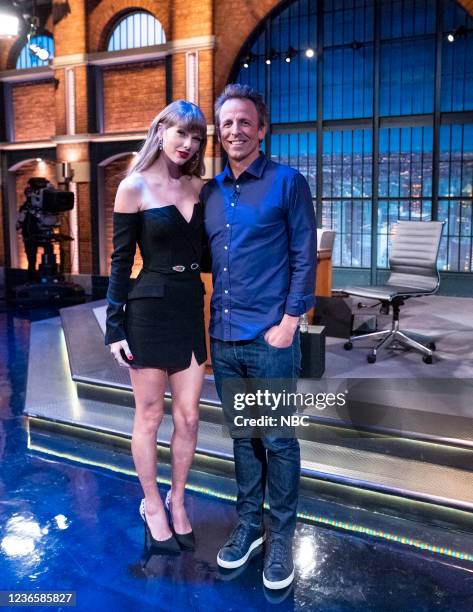 Episode 1221 -- Pictured: Taylor Swift and host Seth Meyers on November 11, 2021 --