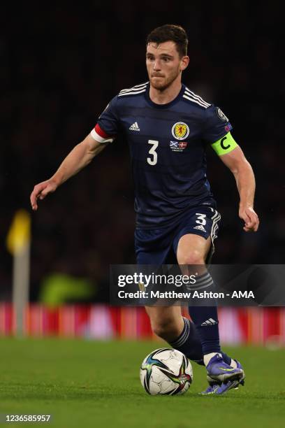 Andy Robertson of Scotland during the 2022 FIFA World Cup Qualifier match between Scotland and Denmark at Hampden Park on November 15, 2021 in...