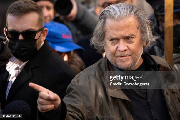 Former Trump Administration White House advisor Steve Bannon speaks to the press on his way out of federal court on November 15, 2021 in Washington,...