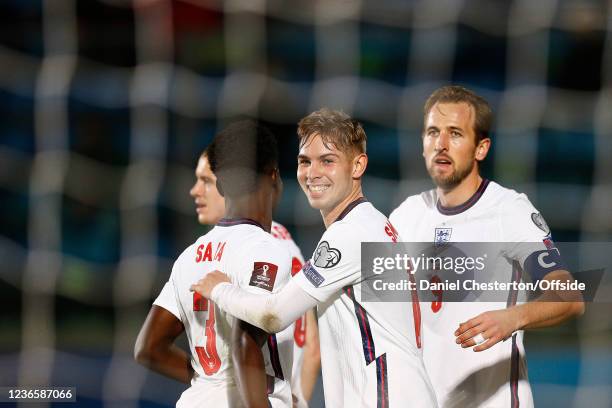 Emile Smith Rowe of England grins broadly as he celebrates scoring their 7th goal during the 2022 FIFA World Cup Qualifier match between San Marino...