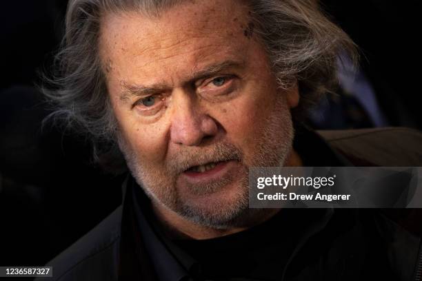 Former Trump Administration White House advisor Steve Bannon speaks to the press on his way out of federal court on November 15, 2021 in Washington,...