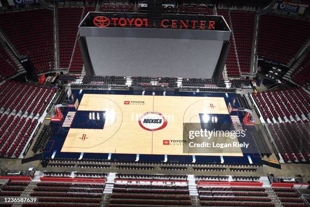 An overall view of the Toyota Center during the Houston Rockets City Edition court unveiling on November 14, 2021 in Houston, Texas. NOTE TO USER:...