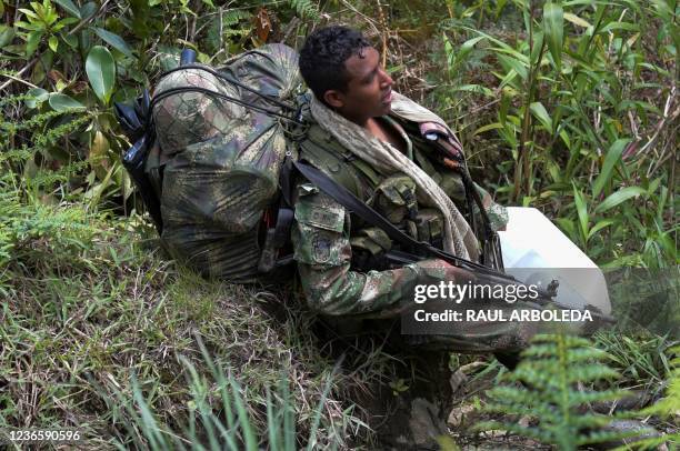 Colombian soldier patrols in Marquetalia, the birthplace of the Revolutionary Armed Forces of Colombia , Tolima Department, Colombia, on October 27,...