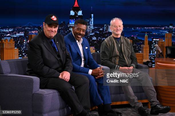 Episode 1551 -- Pictured: Actors Dan Aykroyd, Ernie Hudson, and Bill Murray during an interview on Monday, November 15, 2021 --