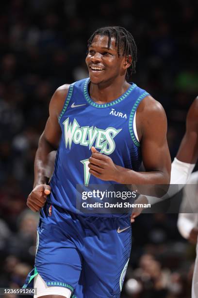 Anthony Edwards of the Minnesota Timberwolves smiles during the game against the Phoenix Suns on November 15, 2021 at Target Center in Minneapolis,...