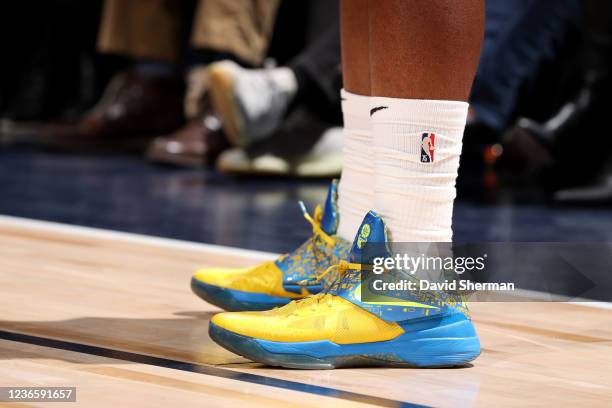 The sneaker of Josh Okogie of the Minnesota Timberwolves drives to the basket against the Phoenix Suns on November 15, 2021 at Target Center in...