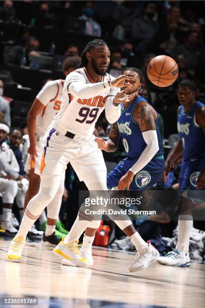 Jae Crowder of the Phoenix Suns passes the ball against the Minnesota Timberwolves on November 15, 2021 at Target Center in Minneapolis, Minnesota....
