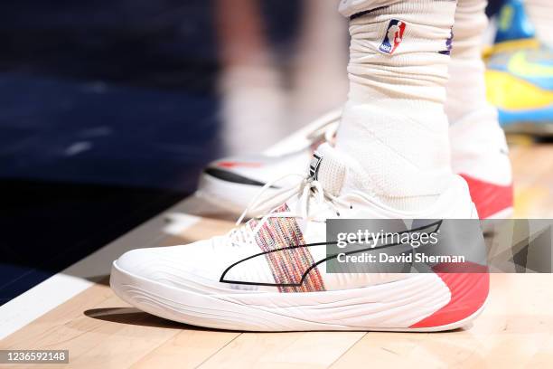 The sneaker of Deandre Ayton of the Phoenix Suns during the game against the Minnesota Timberwolves on November 15, 2021 at Target Center in...