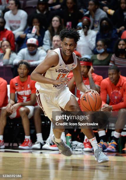 Virginia Tech Hokies guard Darius Maddox drives the baseline during a game between the Radford University Highlanders and the Virginia Tech Hokies at...