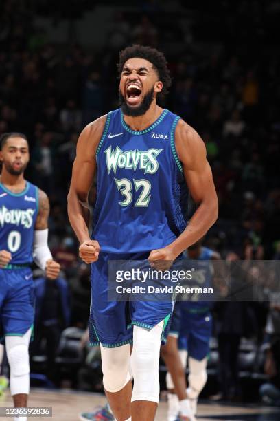Karl-Anthony Towns of the Minnesota Timberwolves celebrates after hitting a big shot during the game against the Phoenix Suns on November 15, 2021 at...