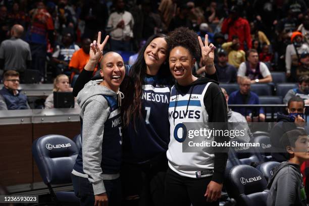 Layshia Clarendon, Natalie Achonwa and Aerial Powers of the Minnesota Lynx pose for a photo during the game between the Phoenix Suns and Minnesota...