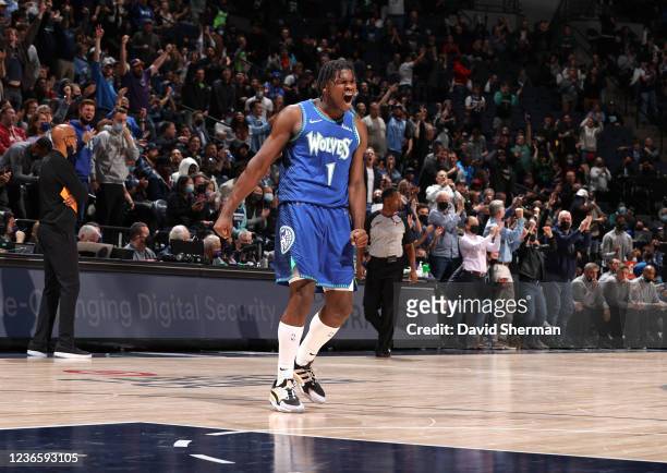 Anthony Edwards of the Minnesota Timberwolves shows emotion during the game against the Phoenix Suns on November 15, 2021 at Target Center in...