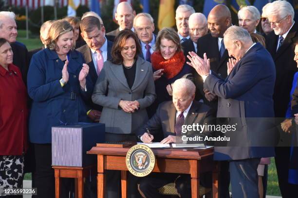 President of the United States Joe Biden signs the Bipartisan Infrastructure Deal, H.R. 3684, the âInfrastructure Investment and Jobs Act.â into law...