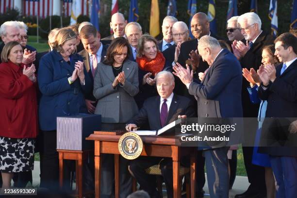 President of the United States Joe Biden signs the Bipartisan Infrastructure Deal, H.R. 3684, the âInfrastructure Investment and Jobs Act.â into law...