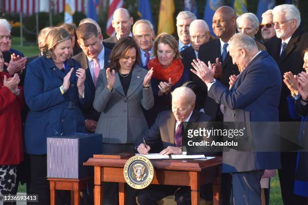 President of the United States Joe Biden signs the Bipartisan Infrastructure Deal, H.R. 3684, the âInfrastructure Investment and Jobs Act.â into law...