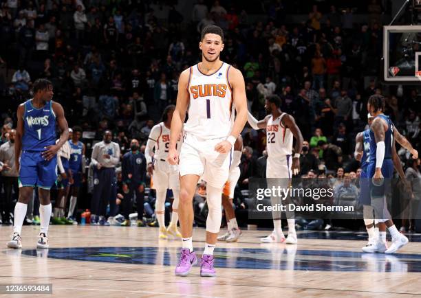 Devin Booker of the Phoenix Suns during the game against the Minnesota Timberwolves on November 15, 2021 at Target Center in Minneapolis, Minnesota....