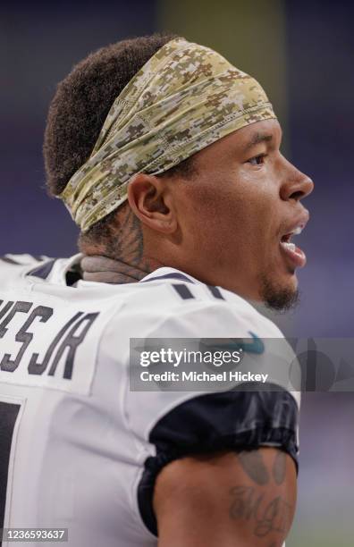 Marvin Jones of the Jacksonville Jaguars is seen during the game against the Indianapolis Colts at Lucas Oil Stadium on November 14, 2021 in...