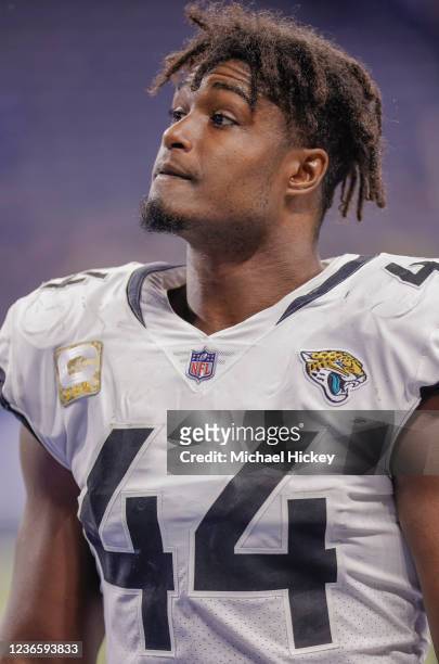 Myles Jack of the Jacksonville Jaguars is seen following the game against the Indianapolis Colts at Lucas Oil Stadium on November 14, 2021 in...