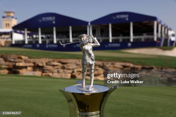 The DP World Tour Championship Trophy at 18th hole during the Pro-Am at The DP World Tour Championship at Jumeirah Golf Estates on November 16, 2021...