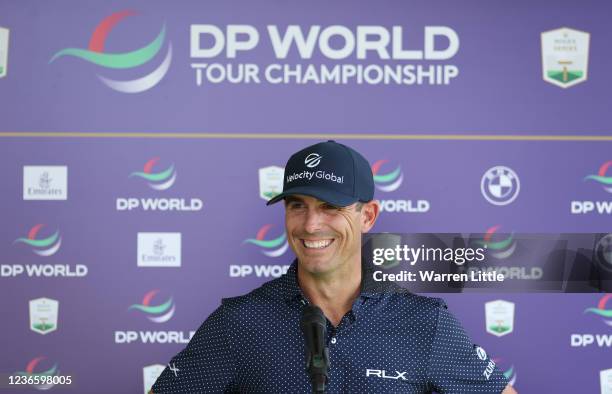 Billy Horschel of United States speaks at a virtual press conference during the Pro-Am at The DP World Tour Championship at Jumeirah Golf Estates on...