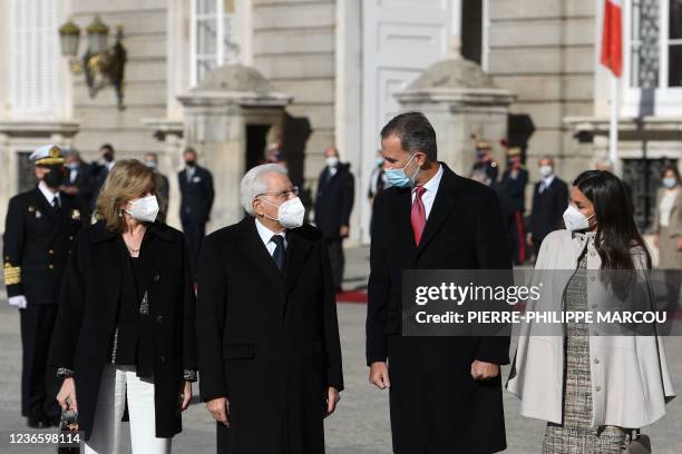 Spain's King Felipe VI and Spain's Queen Letizia welcome Italian President Sergio Mattarella and his daughter Laura Mattarella upon their arrival at...