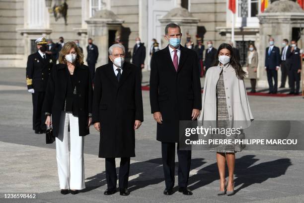 Spain's King Felipe VI and Spain's Queen Letizia welcome Italian President Sergio Mattarella and his daughter Laura Mattarella upon their arrival at...