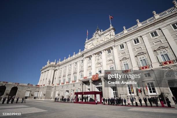 King Felipe VI of Spain receives Italian President Sergio Mattarella with an official ceremony at the Royal Palace on November 16, 2021 in Madrid,...