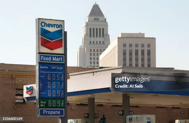 Drivers select from various fuels all priced over $6 dollars at a Chevron Gas Station located at North Alameda and West Cesar Chavez Ave near Union...