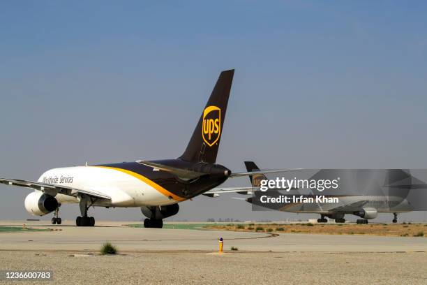 Ontario, CA UPS planes lined up for take off at the UPS West Coast Region Air Hub on Tuesday, Nov. 2, 2021 in Ontario, CA.